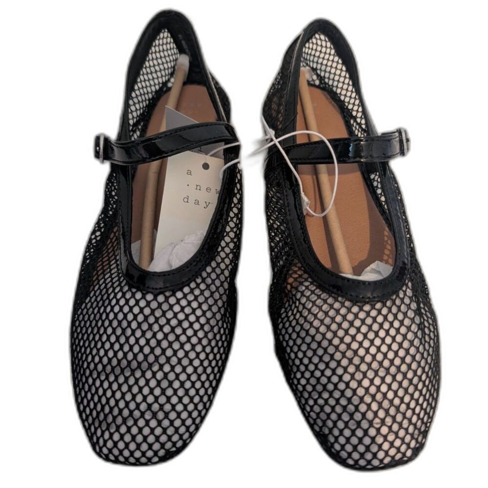 A New Day Issa Mesh Mary Jane Ballet Flats Jet Black Size Various